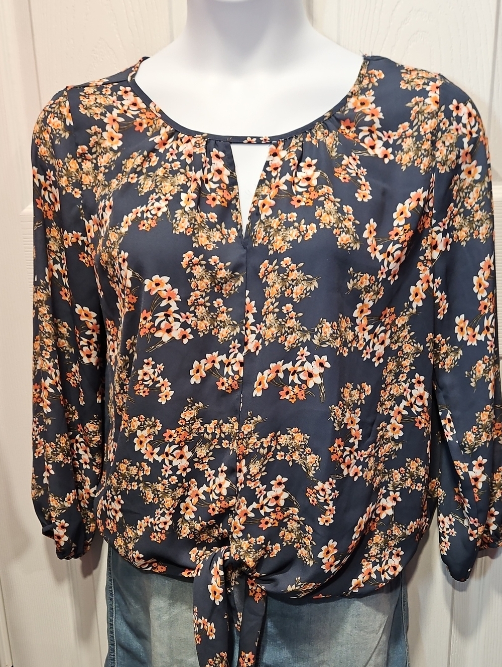 West Kei Navy Floral Tie-Hem Blouse